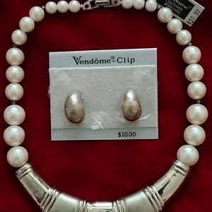 RARE Vintage Vendome Silver Bib and Pearl Necklace and Clip-On Earrings Set